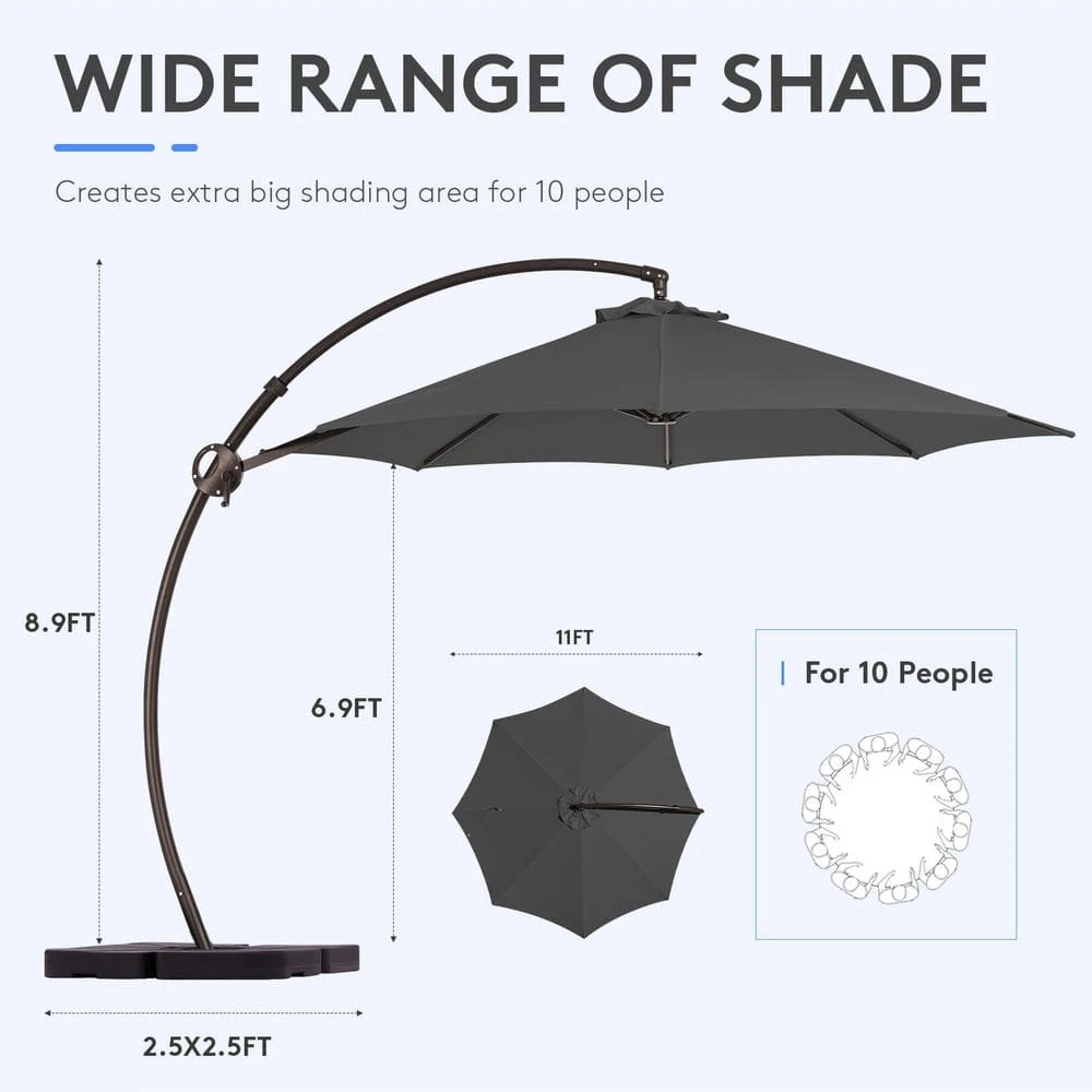 11 Ft. L Outdoor Aluminum Curvy Cantilever Offset Hanging Patio Umbrella With Sandbag Base And Cover In Gray 7 11 Ft. L Outdoor Aluminum Curvy Cantilever Offset Hanging Patio Umbrella With Sandbag Base And Cover In Gray - Image 7