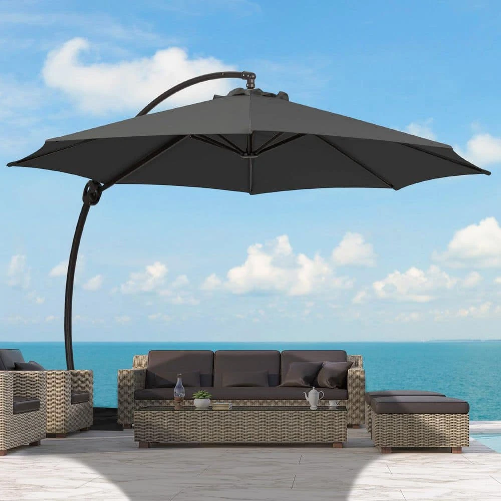 11 Ft. L Outdoor Aluminum Curvy Cantilever Offset Hanging Patio Umbrella With Sandbag Base And Cover In Gray 1 11 Ft. L Outdoor Aluminum Curvy Cantilever Offset Hanging Patio Umbrella With Sandbag Base And Cover In Gray