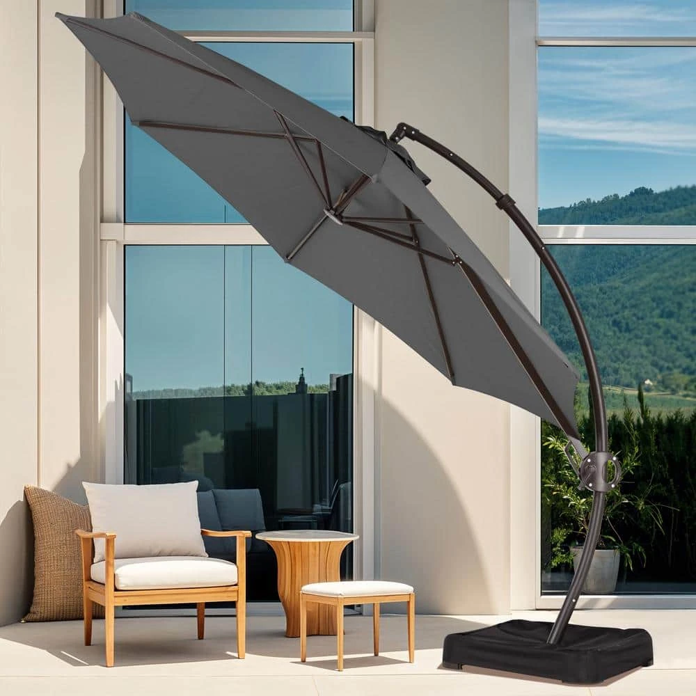 11 Ft. L Outdoor Aluminum Curvy Cantilever Offset Hanging Patio Umbrella With Sandbag Base And Cover In Gray 2 11 Ft. L Outdoor Aluminum Curvy Cantilever Offset Hanging Patio Umbrella With Sandbag Base And Cover In Gray - Image 2