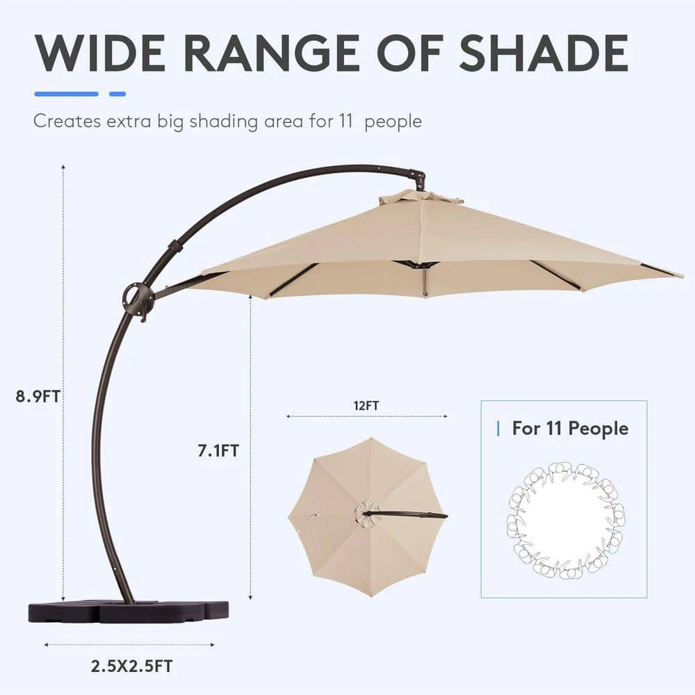 12 Ft. L Outdoor Aluminum Curvy Cantilever Offset Hanging Patio Umbrella With Sandbag Base And Cover In Beige 6 12 Ft. L Outdoor Aluminum Curvy Cantilever Offset Hanging Patio Umbrella With Sandbag Base And Cover In Beige - Image 6
