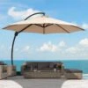 12 Ft. L Outdoor Aluminum Curvy Cantilever Offset Hanging Patio Umbrella With Sandbag Base And Cover In Beige