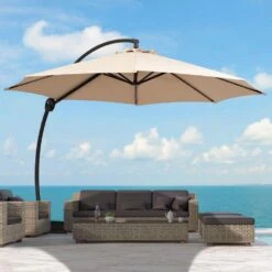 12 Ft. L Outdoor Aluminum Curvy Cantilever Offset Hanging Patio Umbrella With Sandbag Base And Cover In Beige