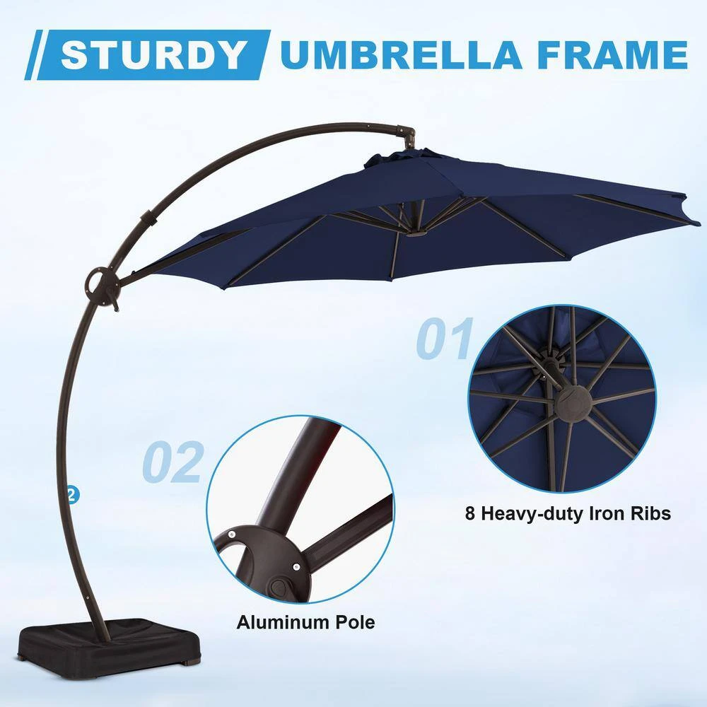 12 Ft. L Outdoor Aluminum Curvy Cantilever Offset Hanging Patio Umbrella With Sandbag Base And Cover In Navy 9 12 Ft. L Outdoor Aluminum Curvy Cantilever Offset Hanging Patio Umbrella With Sandbag Base And Cover In Navy - Image 9