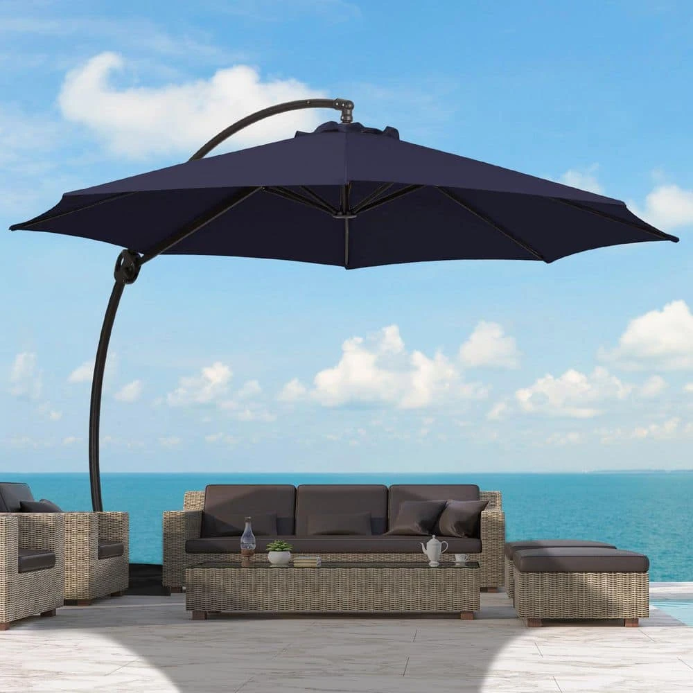 12 Ft. L Outdoor Aluminum Curvy Cantilever Offset Hanging Patio Umbrella With Sandbag Base And Cover In Navy 1 12 Ft. L Outdoor Aluminum Curvy Cantilever Offset Hanging Patio Umbrella With Sandbag Base And Cover In Navy