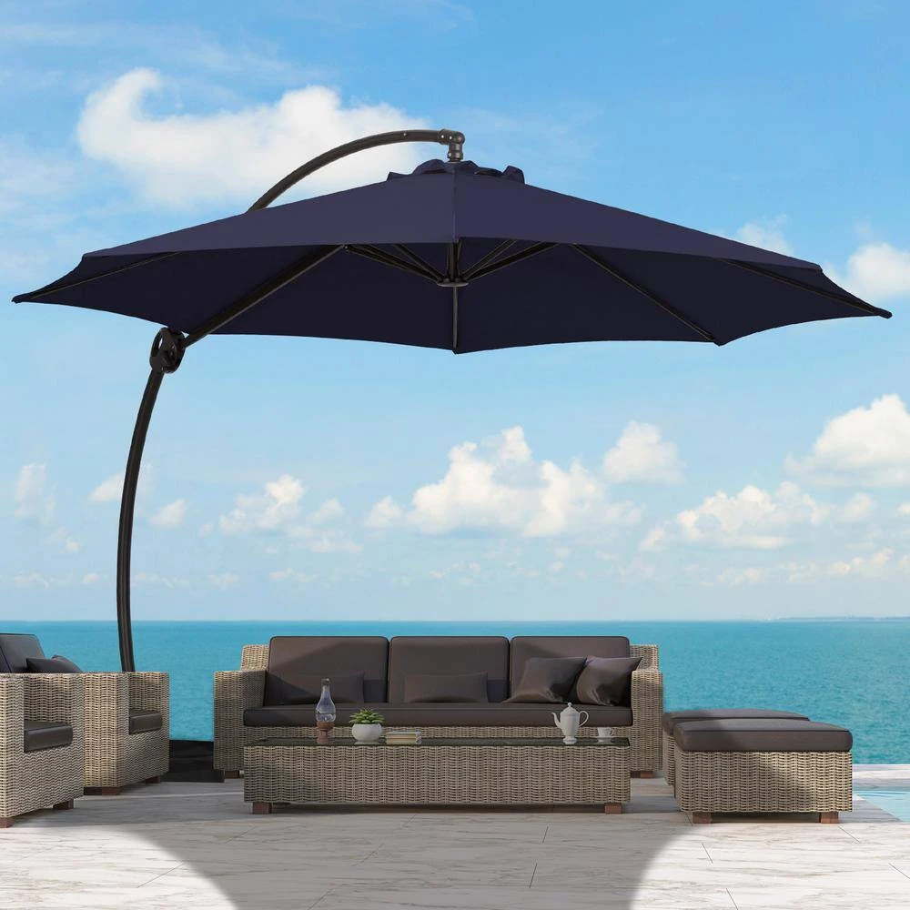 12 Ft. L Outdoor Aluminum Curvy Cantilever Offset Hanging Patio Umbrella With Sandbag Base And Cover In Navy 2 12 Ft. L Outdoor Aluminum Curvy Cantilever Offset Hanging Patio Umbrella With Sandbag Base And Cover In Navy - Image 2
