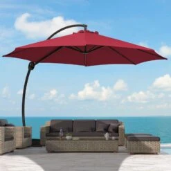 12 Ft. Large Outdoor Aluminum Curvy Cantilever Offset Hanging Patio Umbrella With Sandbag Base And Cover In Red