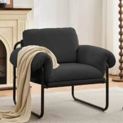 Moore Metal Carbon Ash Lambswool Soft Cushion Arm Chair For Bedroom And Living Room -More Furniture Store carbon ash jearey accent chairs mejs carbon ash 31 1000