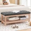 Carbon Ash Linen Upholstered Storage Nailhead Trim Bedroom Bench With Solid Wood Legs