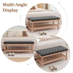 Carbon Ash Linen Upholstered Storage Nailhead Trim Bedroom Bench With Solid Wood Legs -More Furniture Store carbon ash jearey bedroom benches awcwd carbon ash fa 1000