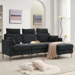 89 In. Square Arm Fabric L Shape Sectional Sofa With Chaise Lounge And Pillow In Carbon Ash -More Furniture Store carbon ash jearey sofas couches xne 1 carbon ash 31 1000