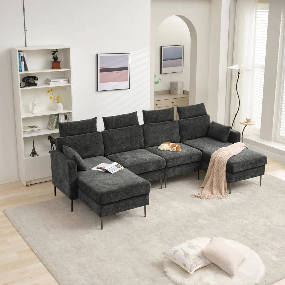 116.53 In. Square Arm Fabric U Shape Sectional Sofa With 2-Chaise Lounge And Pillow In Carbon Ash 7 116.53 In. Square Arm Fabric U Shape Sectional Sofa With 2-Chaise Lounge And Pillow In Carbon Ash - Image 7