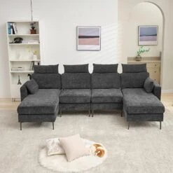116.53 In. Square Arm Fabric U Shape Sectional Sofa With 2-Chaise Lounge And Pillow In Carbon Ash