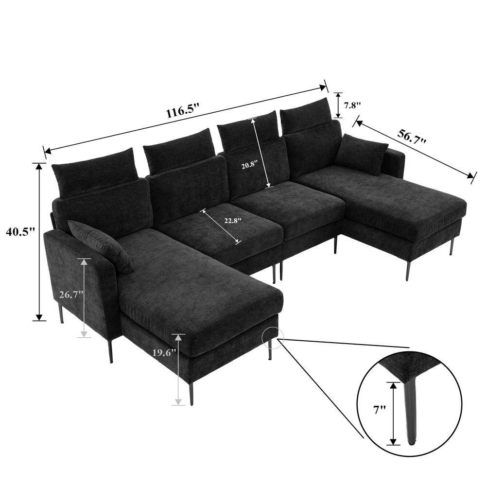 116.53 In. Square Arm Fabric U Shape Sectional Sofa With 2-Chaise Lounge And Pillow In Carbon Ash 2 116.53 In. Square Arm Fabric U Shape Sectional Sofa With 2-Chaise Lounge And Pillow In Carbon Ash - Image 2