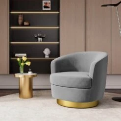 Nancy Modern 360° Swivel Carbon Gray Non-falling Velvet Fabric Barrel Accent Armchair For Bedroom Or Living Room