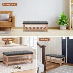 Carbon Gray Linen Upholstered Storage Nailhead Trim Bedroom Bench With Solid Wood Legs -More Furniture Store carbon gray jearey bedroom benches slswy carbon gray 31 1000