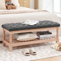 Carbon Gray Linen Upholstered Storage Nailhead Trim Bedroom Bench With Solid Wood Legs