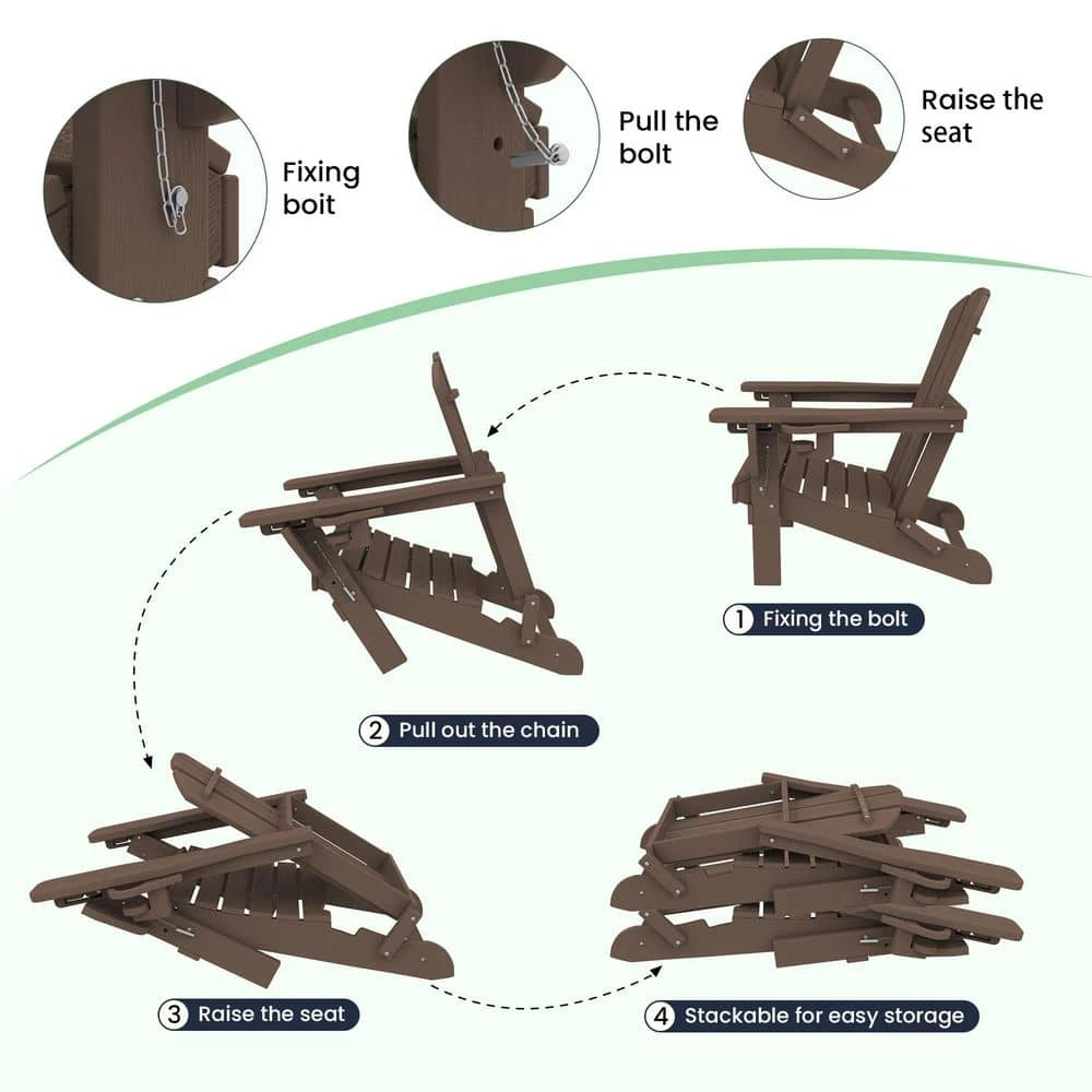 Brown Outdoor 5-Piece HDPE Plastic Patio Chat Set, 2-Adirondack Chairs With Side Table And 2-Folding Ottomans 3 Brown Outdoor 5-Piece HDPE Plastic Patio Chat Set, 2-Adirondack Chairs With Side Table And 2-Folding Ottomans - Image 3