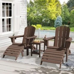 Brown Outdoor 5-Piece HDPE Plastic Patio Chat Set, 2-Adirondack Chairs With Side Table And 2-Folding Ottomans