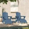Navy Outdoor 5-Piece HDPE Plastic Patio Chat Set, 2-Adirondack Chairs With Side Table And 2-Folding Ottomans