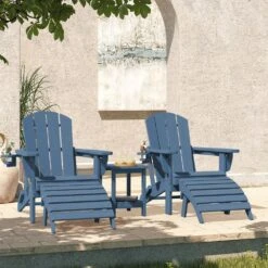 Navy Outdoor 5-Piece HDPE Plastic Patio Chat Set, 2-Adirondack Chairs With Side Table And 2-Folding Ottomans