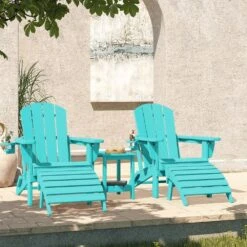 Tiffany Blue Outdoor 5-Piece HDPE Plastic Patio Chat Set, 2-Adirondack Chairs With Side Table And 2-Folding Ottomans