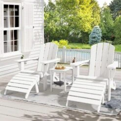 White Outdoor 5-Piece HDPE Plastic Patio Chat Set, 2-Adirondack Chairs With Side Table And 2-Folding Ottomans