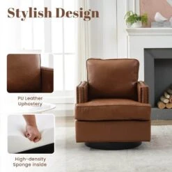 Coffee PU Leather 360° Swivel Nailhead Trim Button-tufted Accent Arm Chair With Cushion -More Furniture Store coffee jearey accent chairs pewy coffee 1f 1000