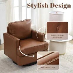 Coffee PU Leather 360° Swivel Nailhead Trim Button-tufted Accent Arm Chair With Cushion -More Furniture Store coffee jearey accent chairs pewy coffee 4f 1000