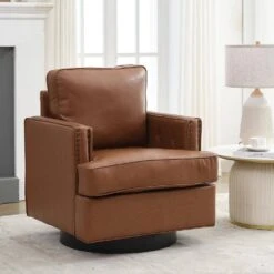 Coffee PU Leather 360° Swivel Nailhead Trim Button-tufted Accent Arm Chair With Cushion
