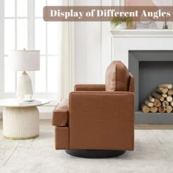 Coffee PU Leather 360° Swivel Nailhead Trim Button-tufted Accent Arm Chair With Cushion -More Furniture Store coffee jearey accent chairs pewy coffee 76 1000