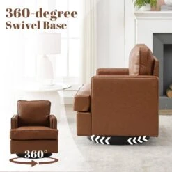 Coffee PU Leather 360° Swivel Nailhead Trim Button-tufted Accent Arm Chair With Cushion -More Furniture Store coffee jearey accent chairs pewy coffee c3 1000