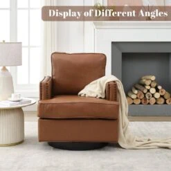 Coffee PU Leather 360° Swivel Nailhead Trim Button-tufted Accent Arm Chair With Cushion -More Furniture Store coffee jearey accent chairs pewy coffee fa 1000