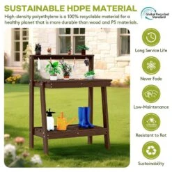 45.5 In. H X 34.8 In. W X 17.7 In. D Coffee HDPE Potting Bench Table, Multi-Purpose Plant And Storage Shelf -More Furniture Store coffee jearey potting benches and tables jyyygzt cf 44 1000