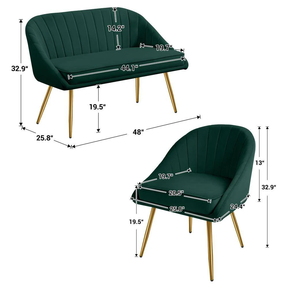 3-Piece Living Room Set With Brushed Velvet In Dark Green 3 3-Piece Living Room Set With Brushed Velvet In Dark Green - Image 3