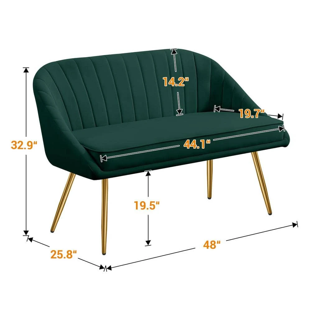 Modern 48 In. Golden Base Velvet Tufted 2-Seats Dark Green Loveseat Sofa For Living Room Furniture Sets 3 Modern 48 In. Golden Base Velvet Tufted 2-Seats Dark Green Loveseat Sofa For Living Room Furniture Sets - Image 3