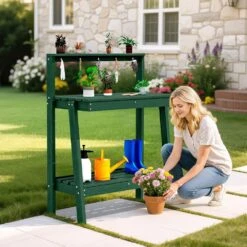 45.5 In. H X 34.8 In. W X 17.7 In. D Dark Green HDPE Potting Bench Table, Multi-Purpose Plant And Storage Shelf 17 45.5 In. H X 34.8 In. W X 17.7 In. D Dark Green HDPE Potting Bench Table, Multi-Purpose Plant And Storage Shelf -More Furniture Store dark green jearey potting benches and tables jyyygzt ml 31 1000