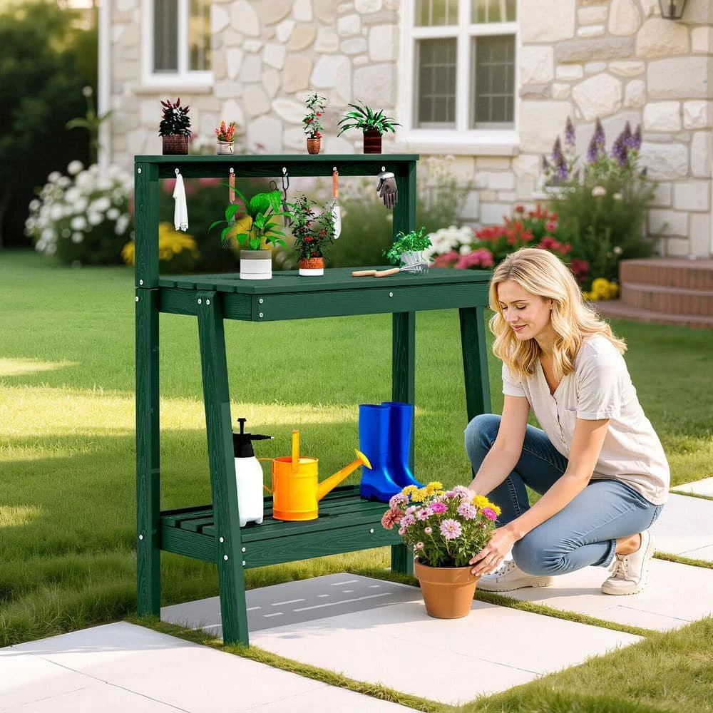 45.5 In. H X 34.8 In. W X 17.7 In. D Dark Green HDPE Potting Bench Table, Multi-Purpose Plant And Storage Shelf 9 45.5 In. H X 34.8 In. W X 17.7 In. D Dark Green HDPE Potting Bench Table, Multi-Purpose Plant And Storage Shelf - Image 9