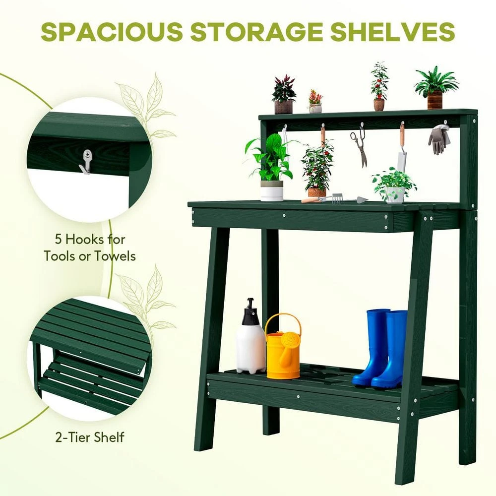 45.5 In. H X 34.8 In. W X 17.7 In. D Dark Green HDPE Potting Bench Table, Multi-Purpose Plant And Storage Shelf 4 45.5 In. H X 34.8 In. W X 17.7 In. D Dark Green HDPE Potting Bench Table, Multi-Purpose Plant And Storage Shelf - Image 4