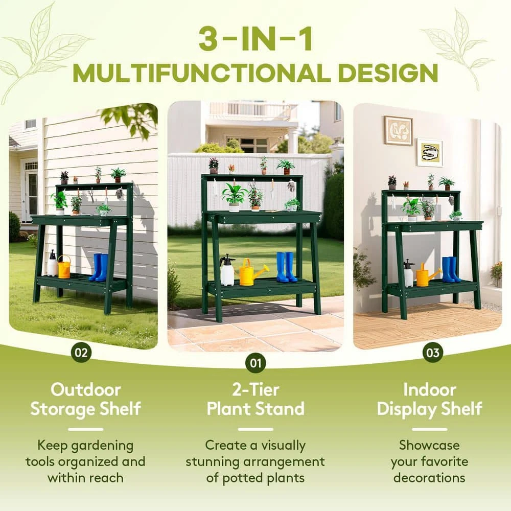 45.5 In. H X 34.8 In. W X 17.7 In. D Dark Green HDPE Potting Bench Table, Multi-Purpose Plant And Storage Shelf 3 45.5 In. H X 34.8 In. W X 17.7 In. D Dark Green HDPE Potting Bench Table, Multi-Purpose Plant And Storage Shelf - Image 3