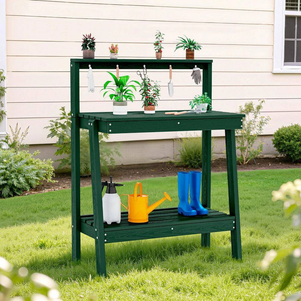 45.5 In. H X 34.8 In. W X 17.7 In. D Dark Green HDPE Potting Bench Table, Multi-Purpose Plant And Storage Shelf 2 45.5 In. H X 34.8 In. W X 17.7 In. D Dark Green HDPE Potting Bench Table, Multi-Purpose Plant And Storage Shelf - Image 2