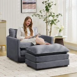 Modern Dark Grey Corduroy Accent Armchair With Ottoman For Living -More Furniture Store dark grey jearey accent chairs e46sf 1 dark grey c3 1000