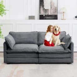 Modern Dark Grey 76.77 In. 2 Seat Corduroy Velvet Loveseat With Two Pillows Cushions For Living -More Furniture Store dark grey jearey loveseats e46sf 1 dr 1f 1000