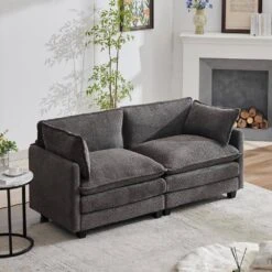 Modern 76.77 In. Dark Grey Looped Velvet Loveseat With Two Pillows For Living -More Furniture Store dark grey jearey loveseats tz 4 pk 44 1000