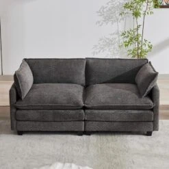 Modern 76.77 In. Dark Grey Looped Velvet Loveseat With Two Pillows For Living