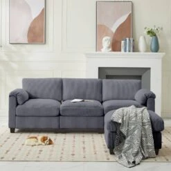 85.37 In. Corduroy Modular Rectangular Dark Grey Sectional Sofa With Ottoman For Living Room And Spacious Space -More Furniture Store dark grey jearey sectional sofas dxrzjsf4 dark grey 1f 1000