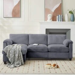 85.37 In. Corduroy Modular Rectangular Dark Grey Sectional Sofa With Ottoman For Living Room And Spacious Space -More Furniture Store dark grey jearey sectional sofas dxrzjsf4 dark grey 31 1000