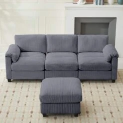 85.37 In. Corduroy Modular Rectangular Dark Grey Sectional Sofa With Ottoman For Living Room And Spacious Space -More Furniture Store dark grey jearey sectional sofas dxrzjsf4 dark grey c3 1000