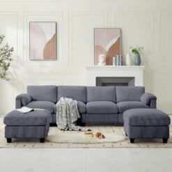 114.96 In Corduroy Modular U-Shaped Dark Grey Sectional Sofa With 2-Ottomans For Living Room And Spacious Space -More Furniture Store dark grey jearey sectional sofas dxrzjsf6 dark grey 1f 1000