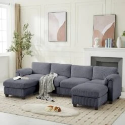 114.96 In Corduroy Modular U-Shaped Dark Grey Sectional Sofa With 2-Ottomans For Living Room And Spacious Space -More Furniture Store dark grey jearey sectional sofas dxrzjsf6 dark grey 31 1000