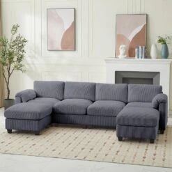 114.96 In Corduroy Modular U-Shaped Dark Grey Sectional Sofa With 2-Ottomans For Living Room And Spacious Space -More Furniture Store dark grey jearey sectional sofas dxrzjsf6 dark grey 4f 1000